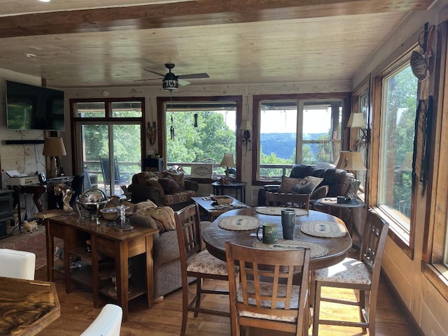 interior space with ceiling fan, hardwood / wood-style flooring, wooden ceiling, and a healthy amount of sunlight