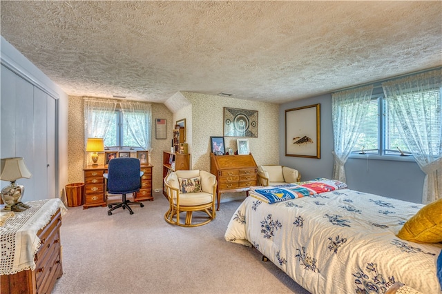 bedroom featuring a textured ceiling, carpet flooring, and a closet