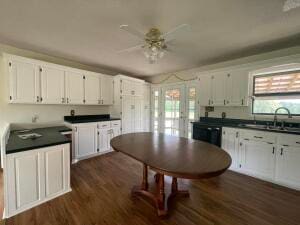 kitchen featuring sink, white cabinets, ceiling fan, and dark wood-type flooring