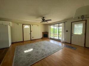 foyer featuring wood-type flooring and ceiling fan