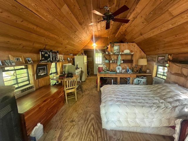 bedroom featuring hardwood / wood-style flooring, white fridge, wooden ceiling, vaulted ceiling, and ceiling fan