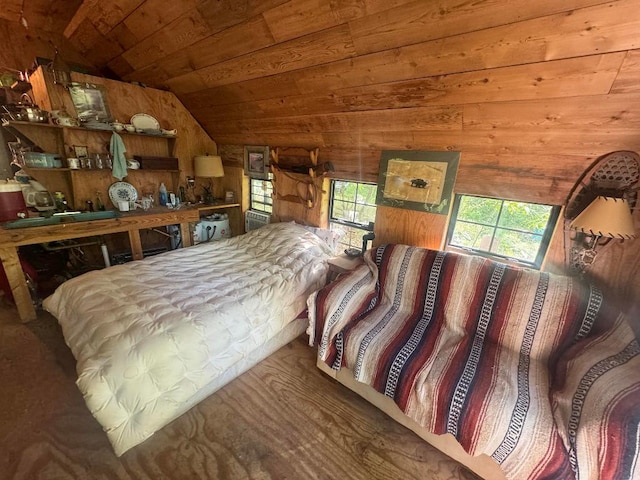 bedroom featuring wood ceiling, lofted ceiling, and multiple windows