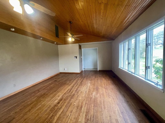 empty room with vaulted ceiling, ceiling fan, wood ceiling, and hardwood / wood-style flooring