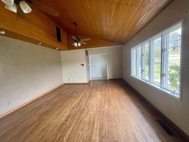 interior space featuring ceiling fan, light hardwood / wood-style floors, lofted ceiling, and wood ceiling