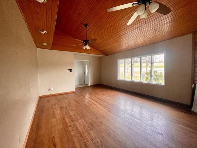 unfurnished room featuring lofted ceiling, ceiling fan, wood ceiling, and light hardwood / wood-style floors