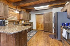 kitchen with a sink, wood finished floors, wooden ceiling, beamed ceiling, and a peninsula