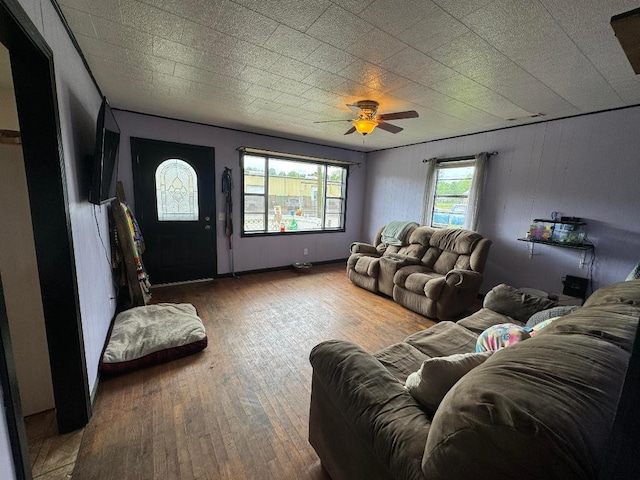 living room featuring ceiling fan and hardwood / wood-style flooring