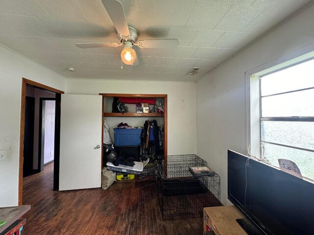 home office featuring dark hardwood / wood-style flooring and ceiling fan