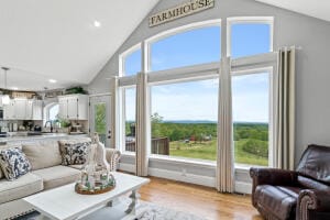 living room with high vaulted ceiling, plenty of natural light, and light hardwood / wood-style flooring