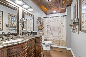 bathroom with wood ceiling, toilet, vanity, and a shower with curtain