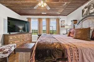 bedroom with ceiling fan, wooden ceiling, and hardwood / wood-style floors