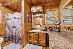 bathroom featuring wooden ceiling, toilet, vanity, and wood walls