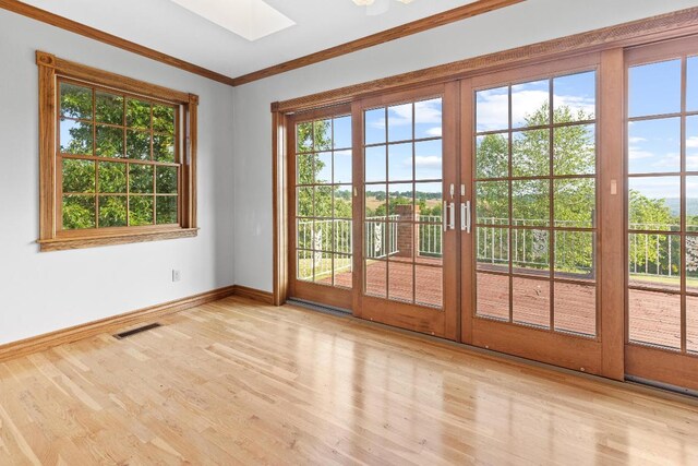 doorway to outside featuring a wealth of natural light, a skylight, and light hardwood / wood-style flooring