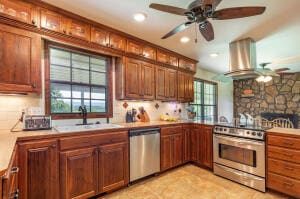 kitchen featuring stainless steel appliances, sink, a fireplace, extractor fan, and ceiling fan