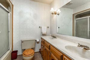 bathroom with a shower with door, toilet, and vanity