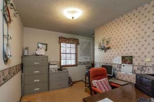 office with wallpapered walls