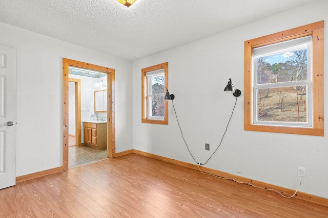 unfurnished room featuring light wood-type flooring, a textured ceiling, sink, and a wealth of natural light