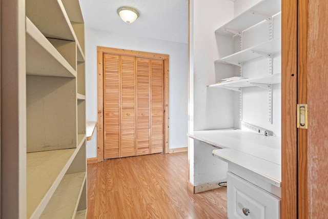 walk in closet with light hardwood / wood-style floors