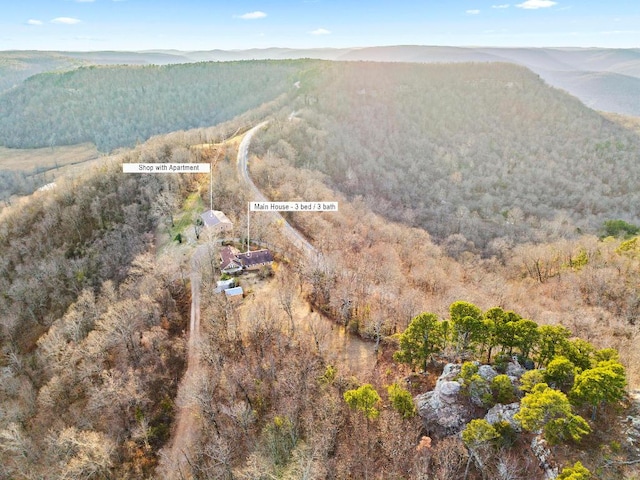 drone / aerial view featuring a wooded view