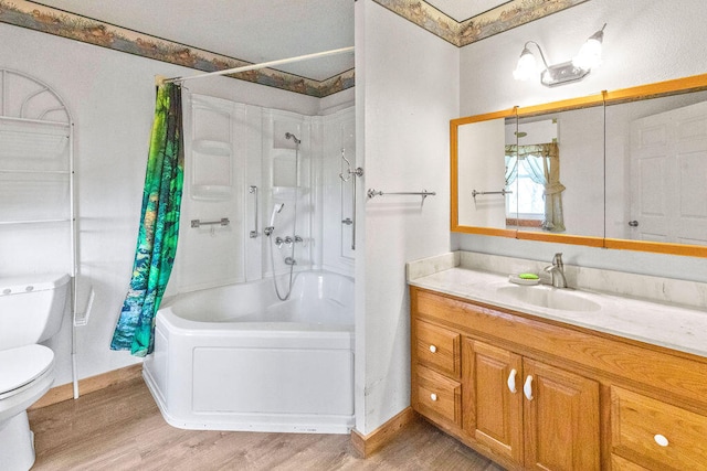 full bathroom with shower / tub combo with curtain, vanity, toilet, and hardwood / wood-style flooring