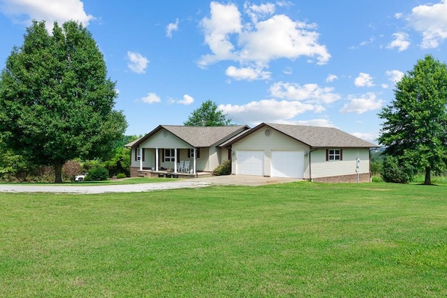 ranch-style home with a front lawn, a porch, and a garage