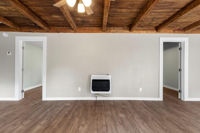 empty room with wood ceiling, dark hardwood / wood-style flooring, beamed ceiling, ceiling fan, and heating unit