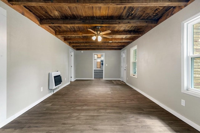 unfurnished living room with wood ceiling, heating unit, beamed ceiling, and dark hardwood / wood-style flooring