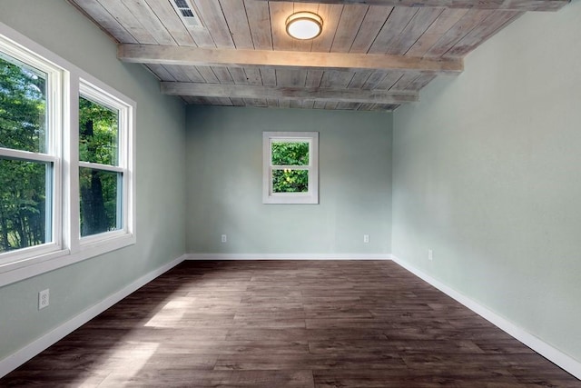 unfurnished room featuring wood ceiling, beam ceiling, and dark hardwood / wood-style floors