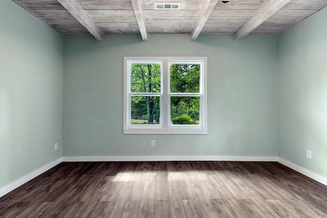 unfurnished room with dark wood-type flooring, beam ceiling, and wood ceiling