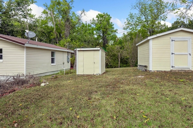 view of yard with a storage shed