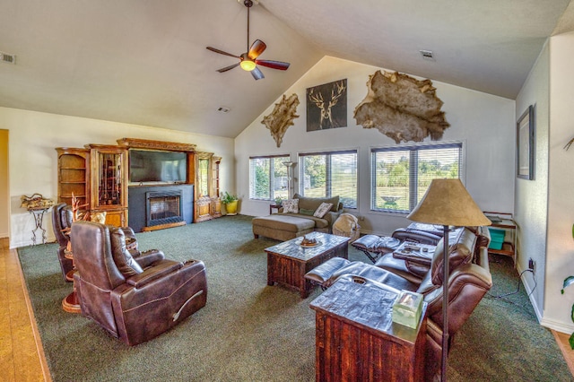 living room with high vaulted ceiling, ceiling fan, and wood-type flooring