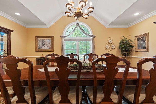 carpeted dining room featuring crown molding, a notable chandelier, and lofted ceiling