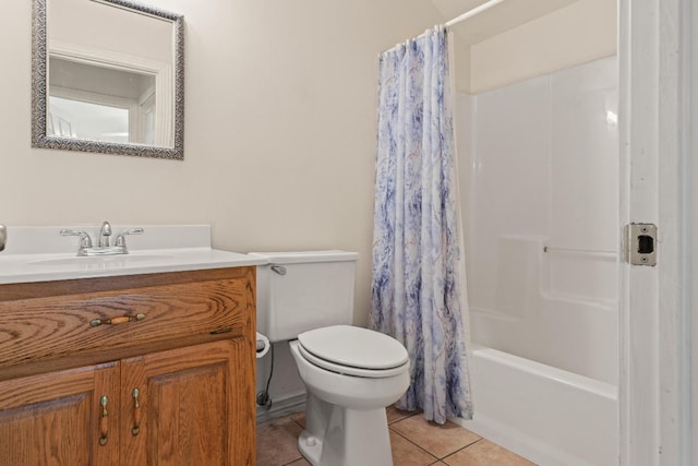 full bathroom with vanity, shower / bathtub combination with curtain, toilet, and tile patterned flooring