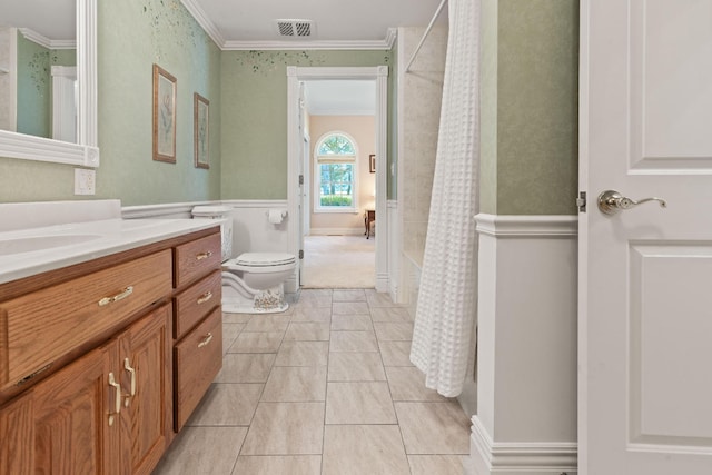 bathroom featuring visible vents, toilet, ornamental molding, shower / bathtub combination with curtain, and vanity