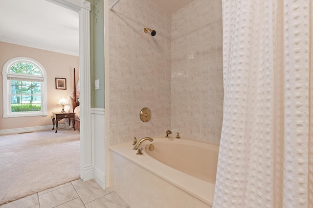 bathroom featuring ornamental molding, plus walk in shower, and tile patterned floors