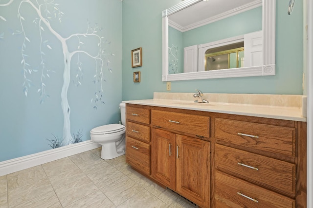 bathroom featuring toilet, ornamental molding, an enclosed shower, and vanity