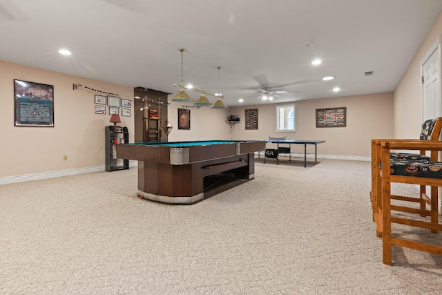 playroom featuring pool table, light colored carpet, and ceiling fan