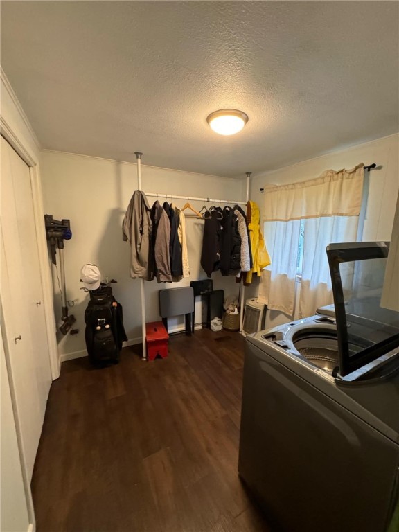 interior space featuring a textured ceiling, a closet, and hardwood / wood-style flooring