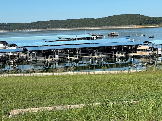 dock area featuring a water and mountain view and a lawn