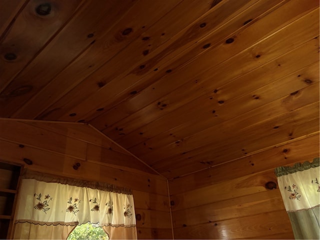 interior details featuring wood ceiling and wooden walls