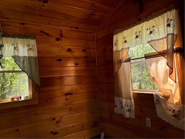 interior space with wooden ceiling, plenty of natural light, and wood walls