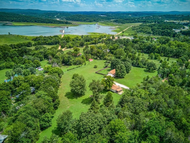 bird's eye view with a forest view and a water view