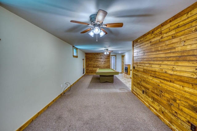 rec room with baseboards, wooden walls, pool table, and carpet flooring