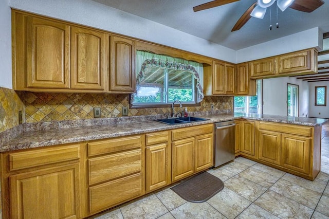 kitchen with a peninsula, a sink, decorative backsplash, dishwasher, and brown cabinets