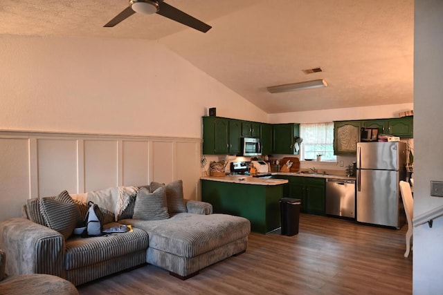 living room with sink, high vaulted ceiling, ceiling fan, and dark hardwood / wood-style floors