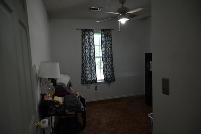 bedroom with ceiling fan and carpet