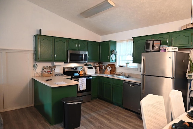 kitchen with appliances with stainless steel finishes, sink, lofted ceiling, green cabinetry, and dark wood-type flooring