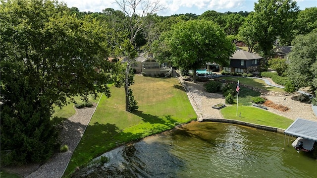 drone / aerial view featuring a water view