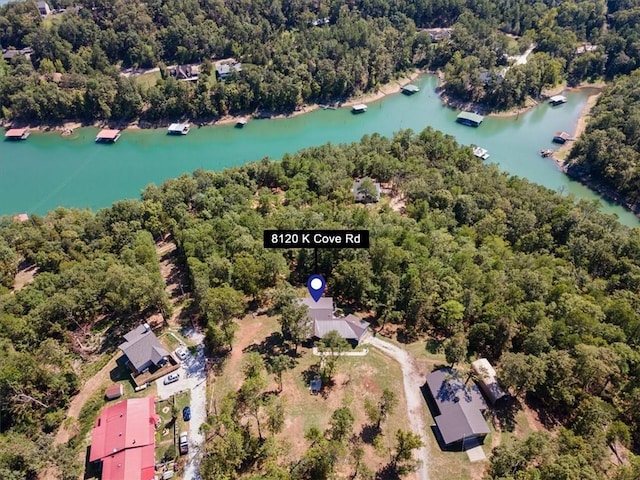 birds eye view of property with a wooded view and a water view