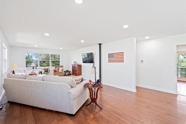 living area featuring recessed lighting, baseboards, and wood finished floors